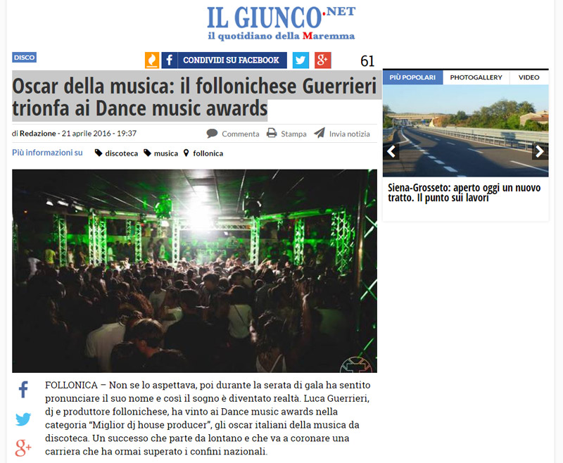 Oscar della musica: il follonichese Guerrieri trionfa ai Dance music awards