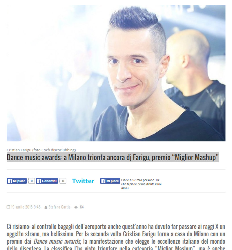 Dance music awards: a Milano trionfa ancora dj Farigu, premio “Miglior Mashup”