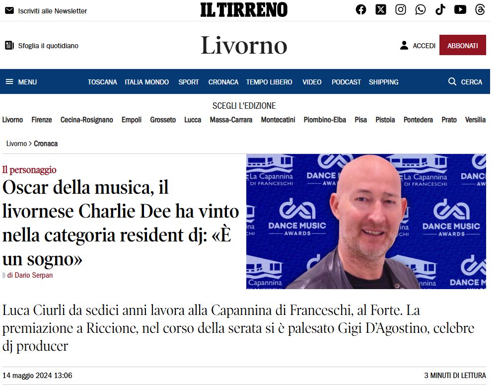 Oscar della musica, il livornese Charlie Dee ha vinto nella categoria resident dj:”E’ un sogno”